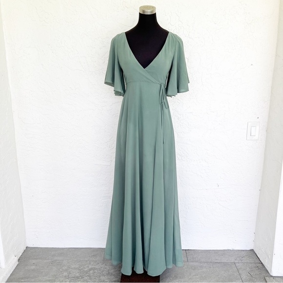 Jenny Yoo BHLDN Ari Bridesmaid Dress Flutter sleeve Gown in Eucalyptus Green 2 - Picture 2 of 11